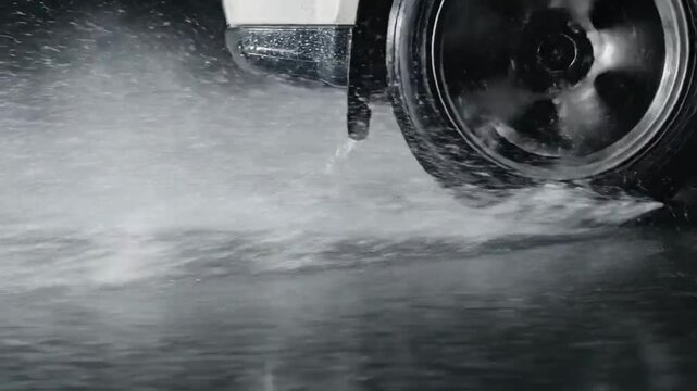 Wet Tire Driving Through Puddles, Capturing Dynamic Wet Road Movement, Stunning Visuals
