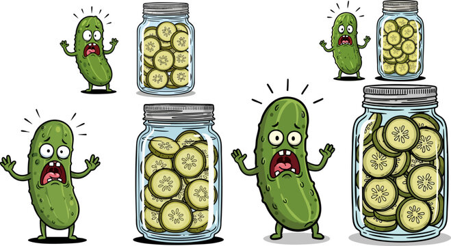 Cartoon terrified pickle characters escaping from or trapped inside glass jars of sliced pickles