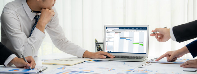 Project planning software for brisk business project management on the computer screen showing timeline chart of the team project © InfiniteFlow
