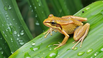 Golden Brown Frog Sitting on Green Leaf with Water Droplets in Nature