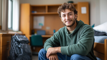 Faceless young man with green hoodie blue pants sits dorm room radiating calm contentment sense college life portrayal student experiences representation defocused room