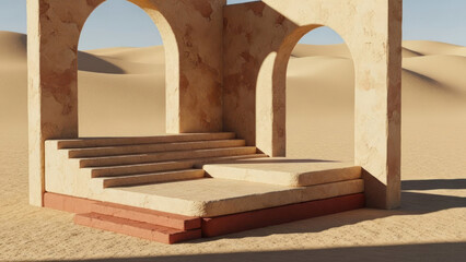 Minimalist sandstone structure with arches and steps in a vast desert landscape