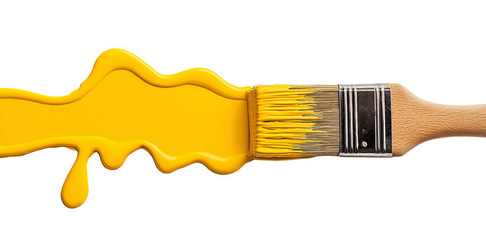 Paintbrush with yellow paint dripping isolated on a transparent background