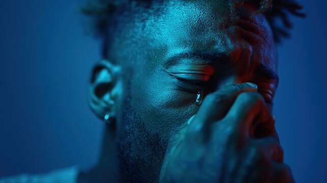 Tears of Reflection: An individual is consumed by intense emotions, as a single tear traces a path down the cheek. This evocative image captures a raw moment of vulnerability and introspection.