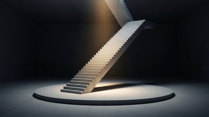 Obraz premium A modern minimalist staircase ascends from a platform into the darkness with a spotlight