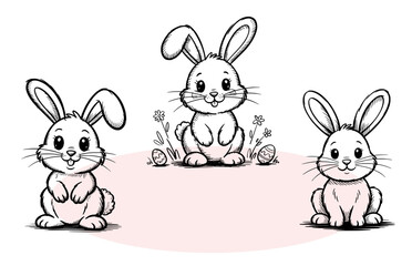 Fototapeta premium Three cute little Easter bunnies cartoon black and white drawing ready for coloring books and spring holidays