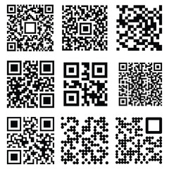 Fototapeta premium A set of abstract QR code icons in black-and-white. Ideal for technology designs, scanning systems, UI/UX, payment apps, and modern digital graphics.