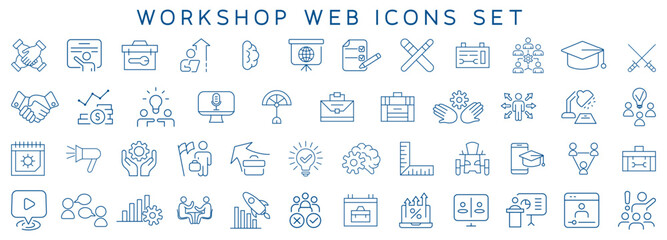 Clean line-style workshop icons for business training, coaching, education, teamwork, ideas, and web dashboards. Perfect for presentations, apps, and infographics.