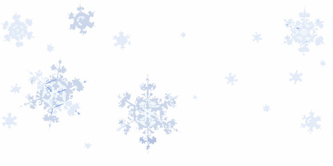 Delicate light blue snowflakes gently drift against a clean white background