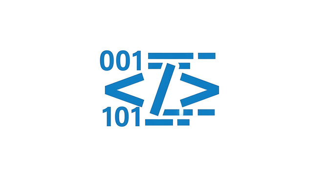 Blue coding symbols and arrows on white background, programming concept, software development, technology design elements