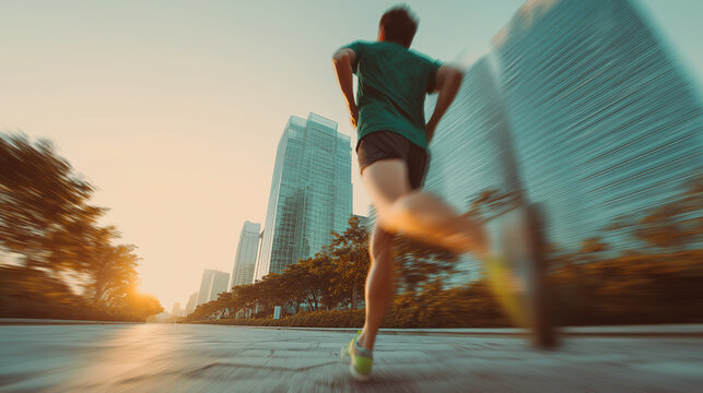 Urban runner sprinting past skyscrapers at sunset motion blur