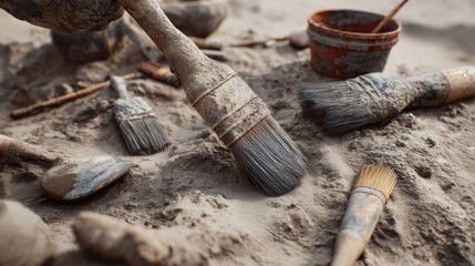 Archaeology Tools in Sand at Excavation Site, Detail of Brushes and Equipment