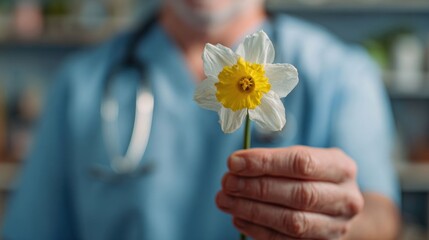 Doctor Holding a Daffodil, Symbol of Care, Support and Medical Compassion