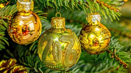Golden Christmas Ornaments with Gold Number 2024 Hanging on Evergreen Tree