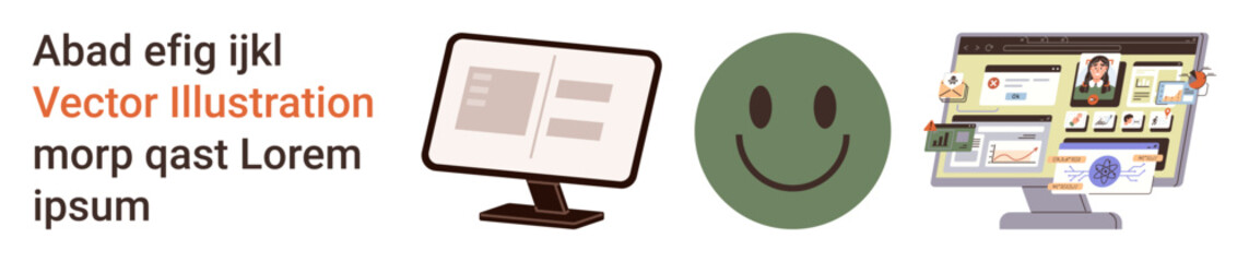 Digital learning, graphic design, online media, communication, happiness, user experience. ion of screens and a happy face. Digital learning and graphic design concept