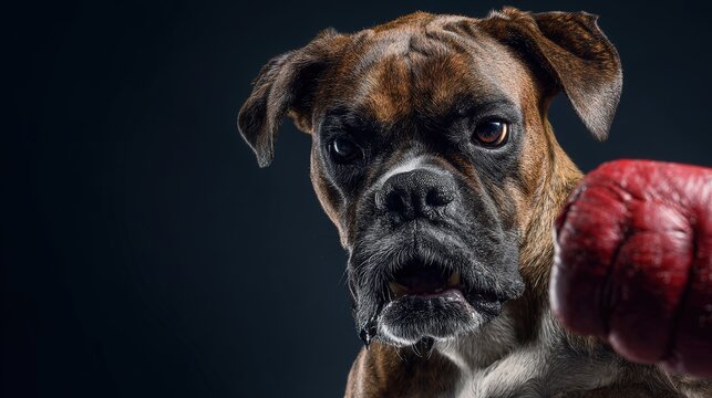Boxer in Action: A determined boxer dog, clad in red boxing gloves, charges with focused intensity. With a mix of strength, determination and agility
