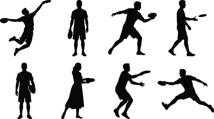 Frisbee silhouettes, flying disc, athlete motion, black vector, catch pose, throw action, outdoor sport, dynamic movement, game icon