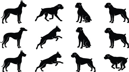 Dog silhouette, black vector, canine pose, pet icon, animal motion, sitting dog, walking dog, leaping dog, illustration, gridDog silhouette, black vector, canine pose, pet icon