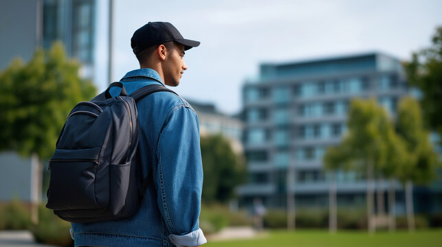 Faceless student with backpack walking through campus back view young person international education concept student diversity beginnings cultural integration representation