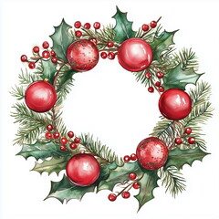 christmas wreath with red balls and ribbon
