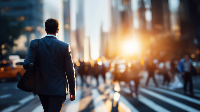 Faceless man walking through busy city street urban environment movement metropolitan lifestyle activity downtown presence display city life representation defocused street