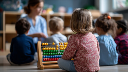 Faceless group preschool children sitting classroom floor teacher uses abacus explain basic math kindergarten education encourages curiosity hands on number learning activity