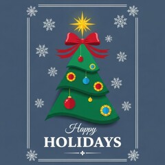 A festive holiday christmas tree with ornaments and decorations on a blue background