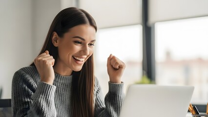 Obraz premium Excited Young Woman Celebrating Online Victory: Digital Success, Achievement and Joyful Remote Work
