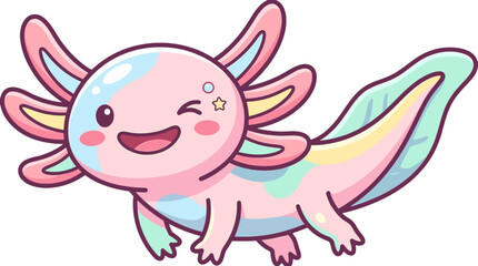 Naklejka premium A colorful cartoon axolotl with pastel pink, blue, and yellow hues, smiling and winking, against a clean white background with a playful and whimsical mood.