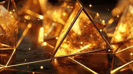 Golden Geometric Triangles with Reflective Surfaces and Sparkling Lights on Dark Background