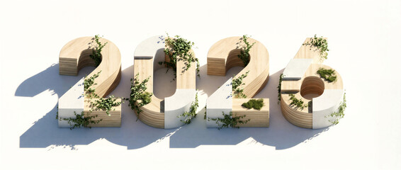 Eco-Inspired 2026 Wooden Numbers with Green Plants: Modern 3D wooden "2026" digits featuring natural green plants, symbolizing eco-friendliness, sustainability, and a fresh start for the new year.