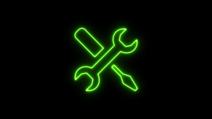 Neon Green Wrench and Screwdriver Icon on Black Background