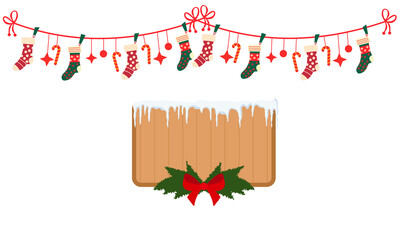 PNG image of Festive christmas banner design featuring hanging stockings candy canes and a snowcovered wooden sign with holly decoration on transparent background