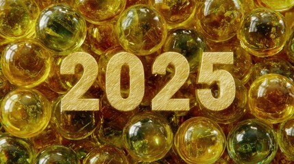 Golden Glass Spheres with Wooden Year 2025 Numbers Bright Reflection Festive Celebration