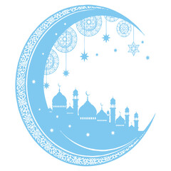 Blue crescent moon silhouette with mosque skyline and hanging ornaments