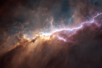 cosmic storm with lightning arcs across a glowing nebula