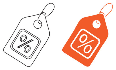 Discount tag icon set with percentage symbol outline and solid color