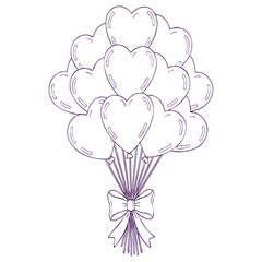 Outline drawing of a bouquet of heartshaped balloons tied with a bow