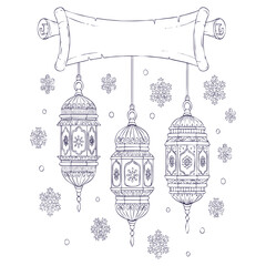 Three hanging ornate lanterns with snowflakes and blank scroll banner