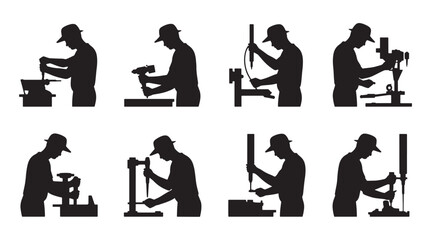 Black silhouette icons of workers using various industrial machines and tools