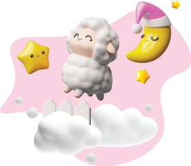 Cute lamb jumps over fence in the sky, 3D crescent moon wearing pink night cap sleeping in the cloud vector illustration