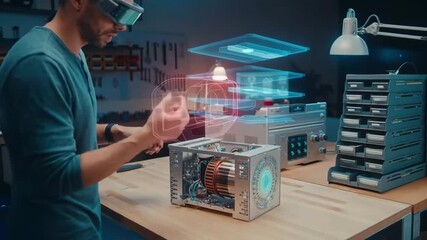 Technician using augmented reality for futuristic computer repair in workshop - Powered by Adobe