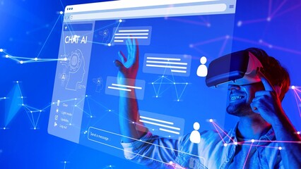 A man experiences virtual reality with a headset while interacting with an AI chat interface. The engaging digital environment showcases innovation in technology and communication. Raster
