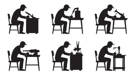 Silhouette icons of people working at desks in various positions, black vector illustrations