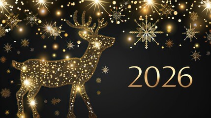 Golden Glittering Reindeer with Snowflakes and 2026 Text on Black Background