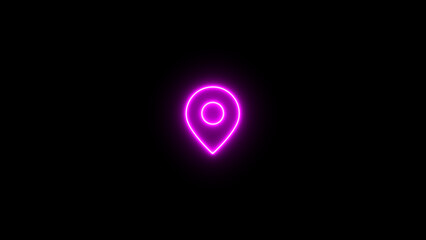 Pink neon location pin icon on black background map marker