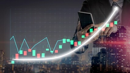 A businessman is seen analyzing stock market trends using a smartphone amid a dynamic financial district backdrop, showcasing candlestick and line charts. Copula