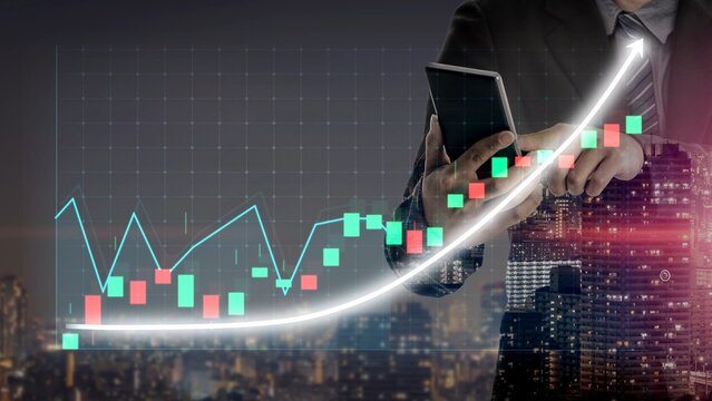 A businessman is seen analyzing stock market trends using a smartphone amid a dynamic financial district backdrop, showcasing candlestick and line charts. Copula - Powered by Adobe