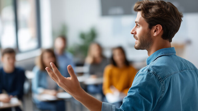 Faceless university student hands presenting project front peers in classroom environment academic presentation session educational demonstration activity learning showcase mom