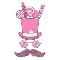 Illustration featuring top hat, lollipop glasses and pink feather mustache. Isolated vector objects on white background.
